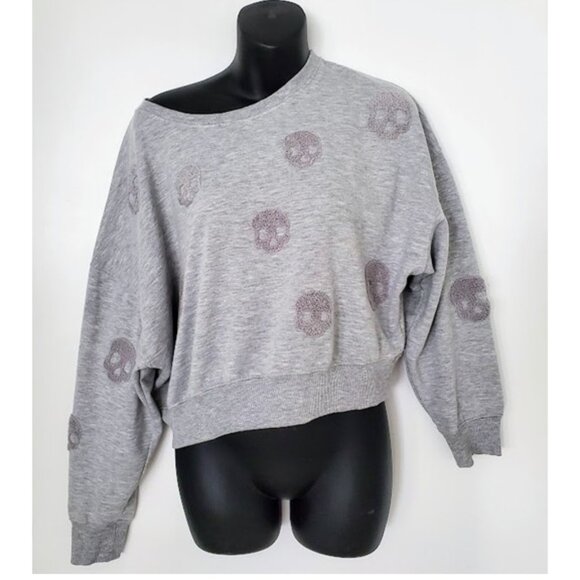 Olive + Oak Tops - Gray Skull Print Off-Shoulder Sweatshirt Oversized Slouchy Pullover Edgy Size M